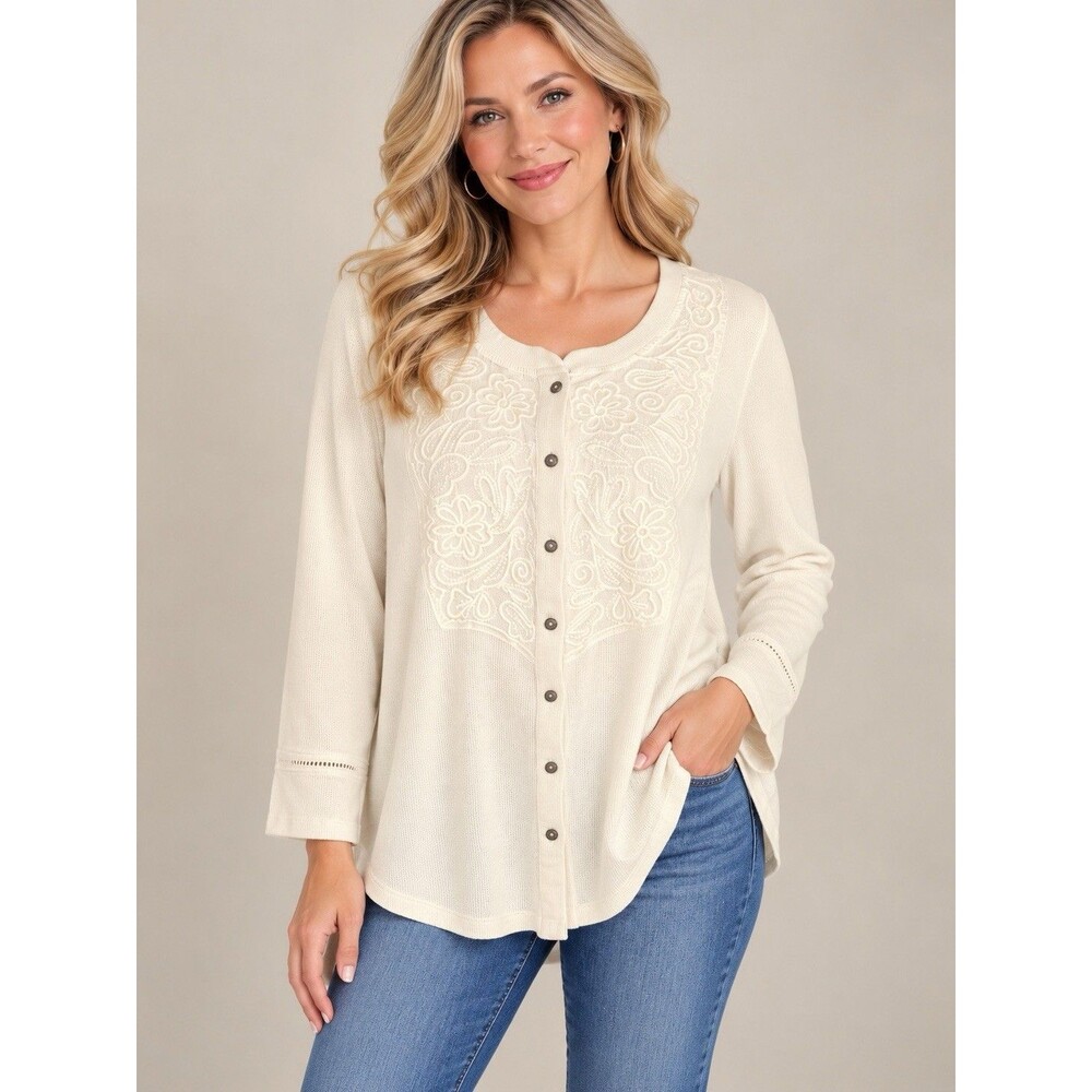 Susan Graver Weekend Ivory Cream Embroidered Floral Thermal Cardigan Top 1X